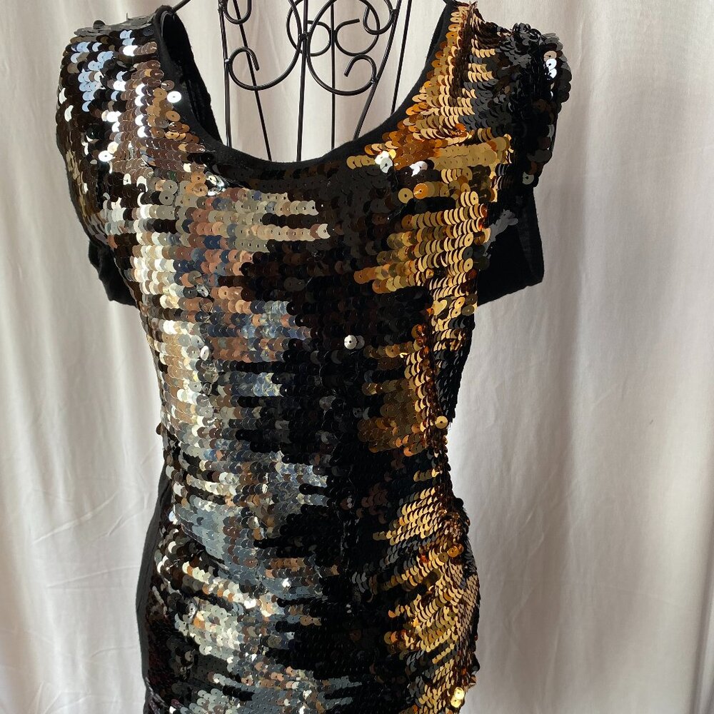 BCBG Sequined Tunic Mini Dress | Gold, Black & Silver | Size M (small)